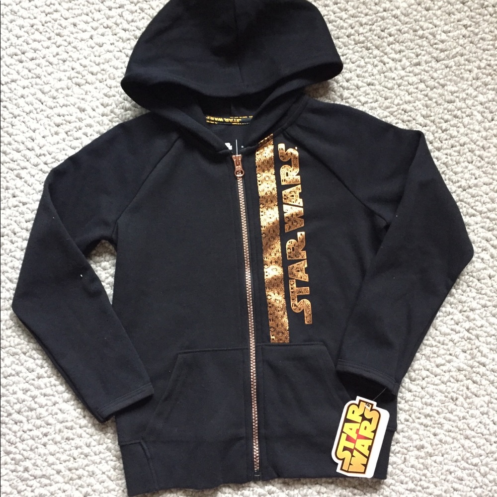 Star Wars Hoodie Black Gold Zip‎ Up Graphic Print Girl's Size 5 NWT